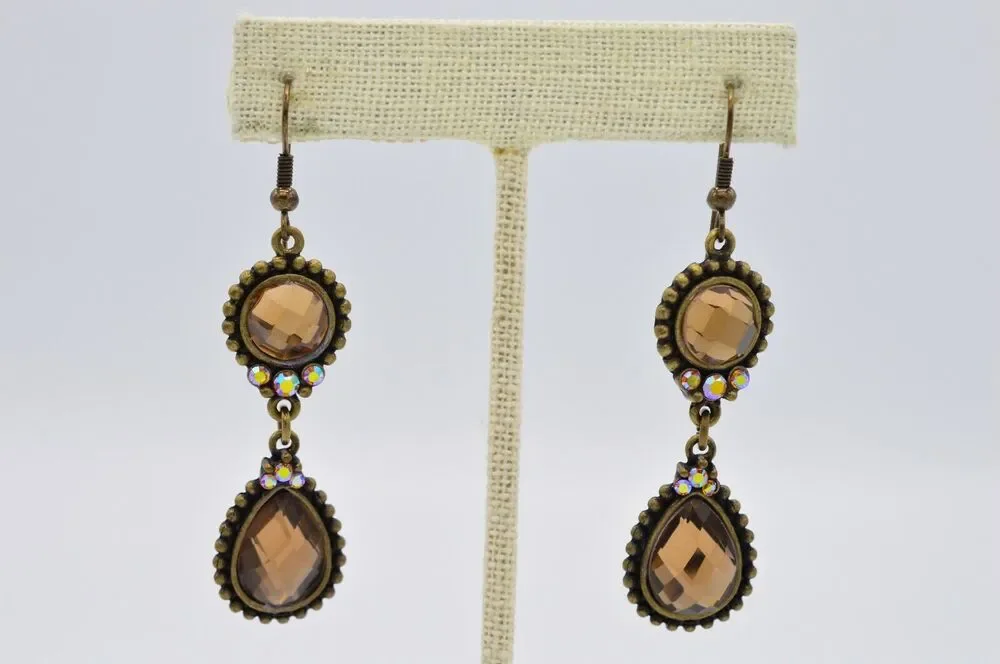 Vintage Crystal Earrings Dangle Bronze Chocolate Rhinestone AB Sparkling 80s 9L